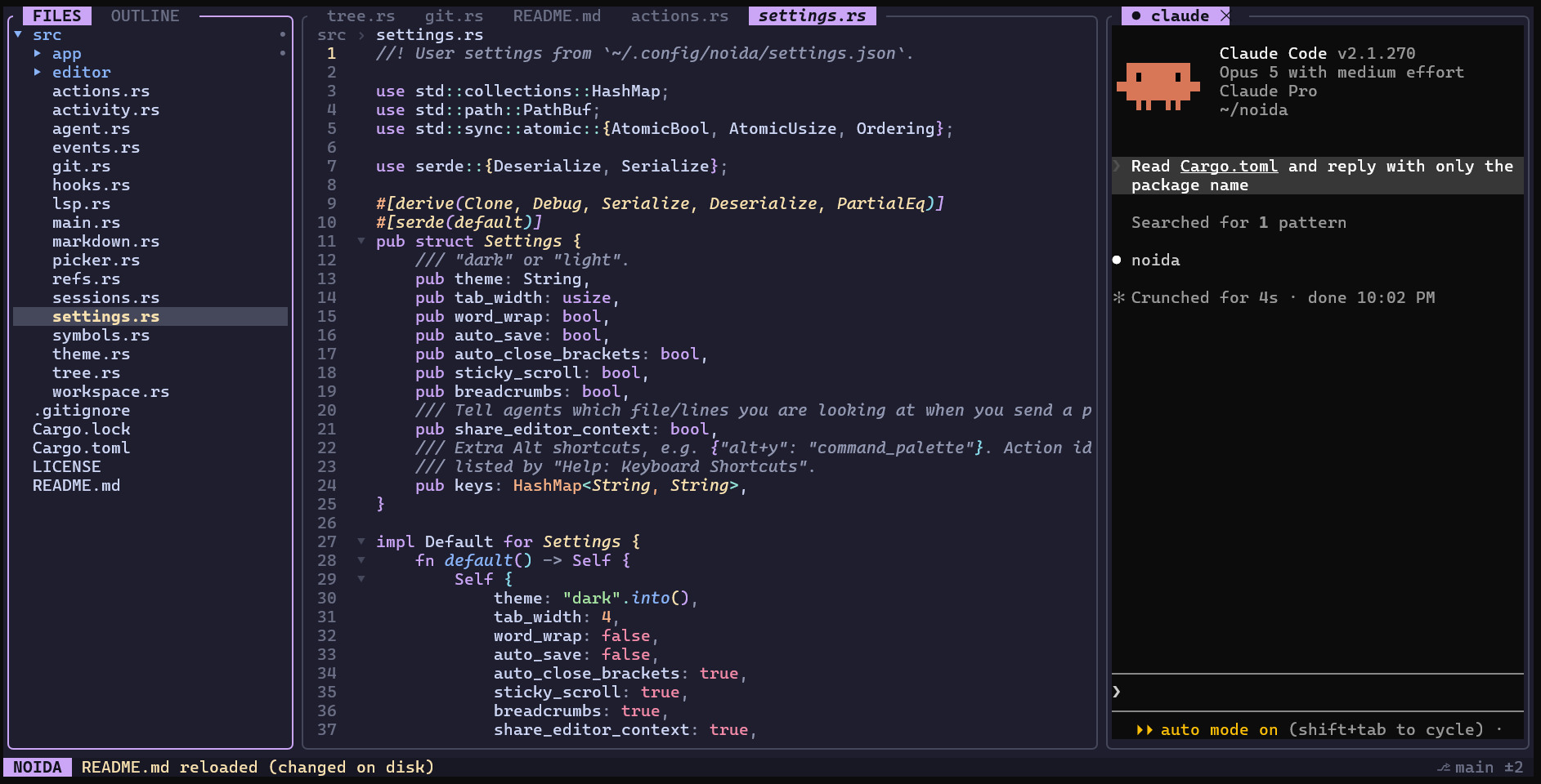 NOIDA with the file tree, a Rust file open in the editor, and Claude Code running in the right pane